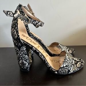 SAM EDELMAN Black Silver Gold Metallic Jacquard Block Heel Sandals Ankle Strap